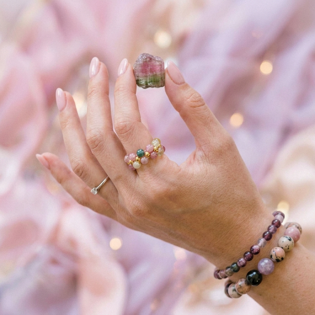 Main tenant une tourmaline avec la bague au majeur et les deux bracelets