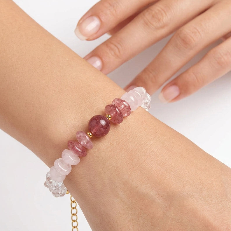 Bracelet cristal de roche, quartz rose et quartz fraise