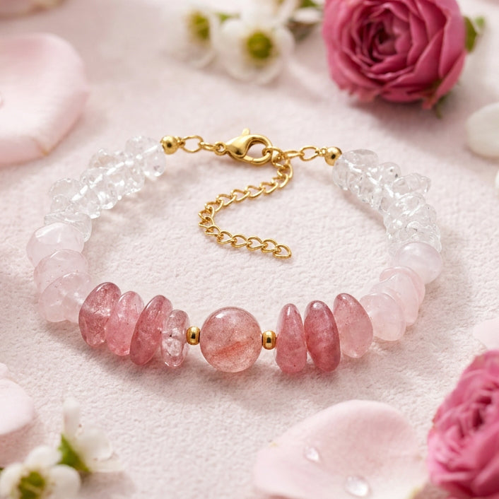 Bracelet cristal de roche, quartz rose et quartz fraise