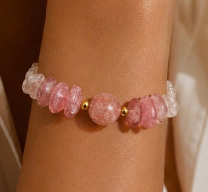 Bracelet cristal de roche, quartz rose et quartz fraise