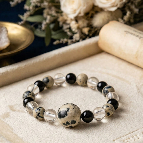 Bague jaspe dalmatien, cristal de roche et onyx