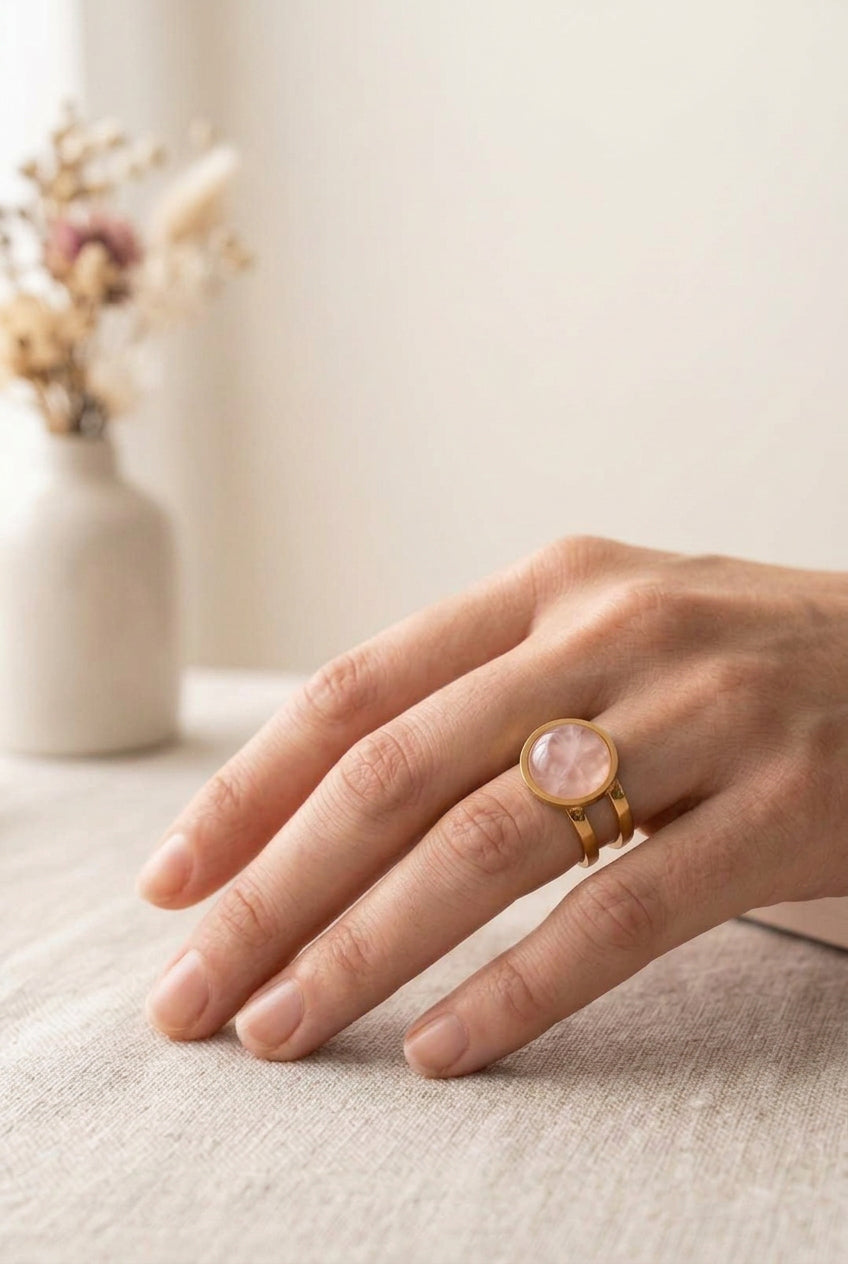 Bague en acier inoxydable pierre naturelle quartz rose 