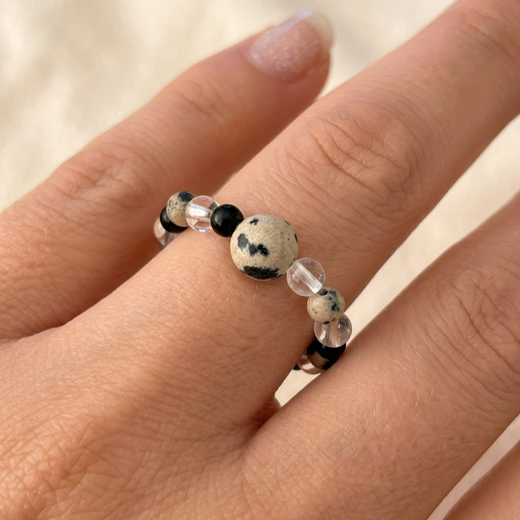 Bague jaspe dalmatien, cristal de roche et onyx